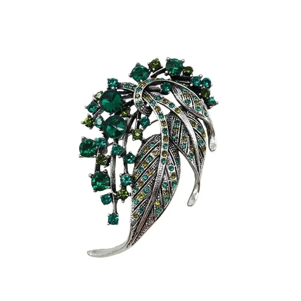 Green Rhinestone Elegant Alloy Brooch Pin Silver Tone Vintage